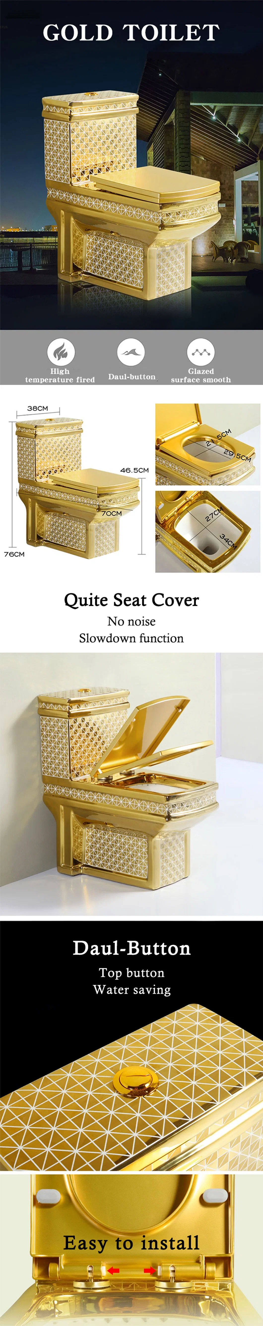 High Quality Square Shape Golden Toilet Bathroom Luxury Ceramic Gold Plated Sanitary Ware Wc Toilet